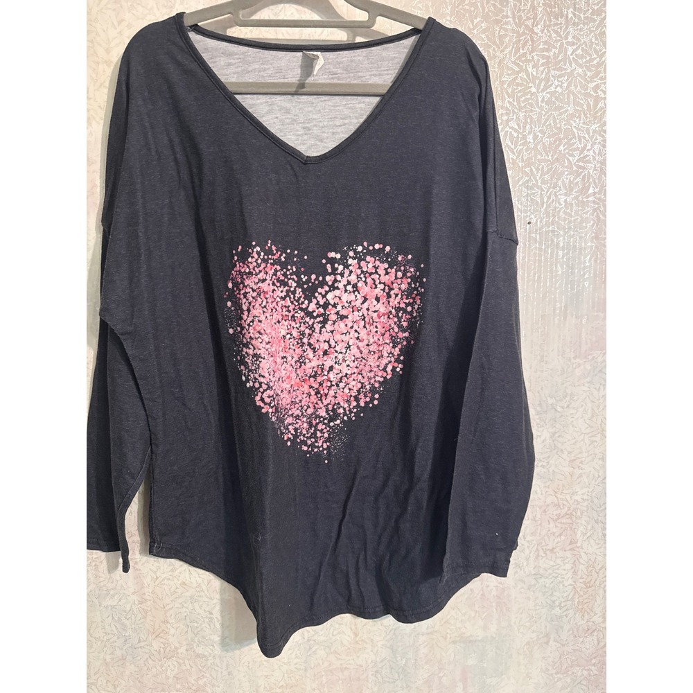 Pink Splatter Heart V-Neck Long Sleeve Top Grey Plus Size 1XL